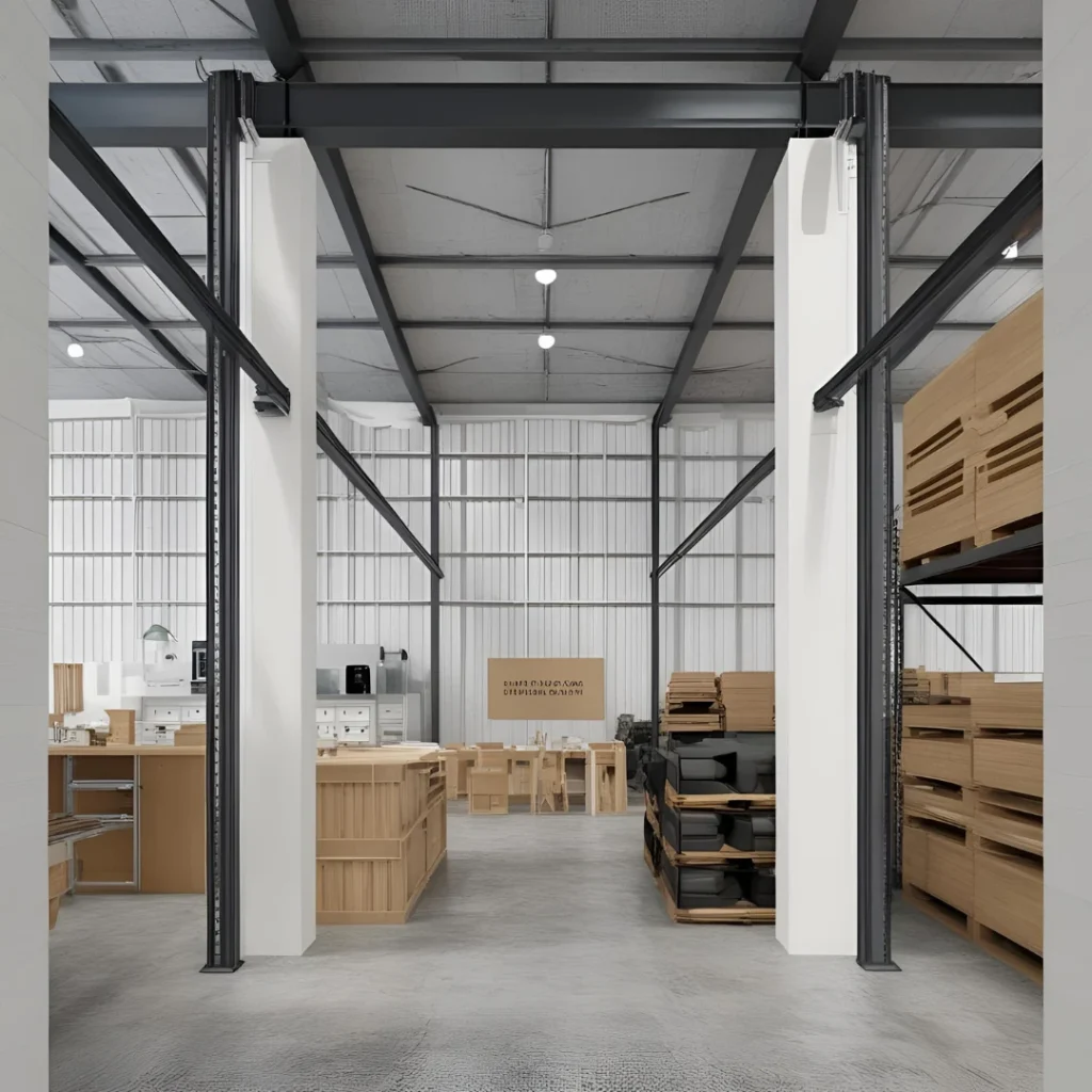 Interior of a spacious industrial warehouse with high ceilings, metal beams, and large shelves storing various materials. The space is orderly, with wooden pallets and workstations arranged neatly on the concrete floor. Full warehouse design.