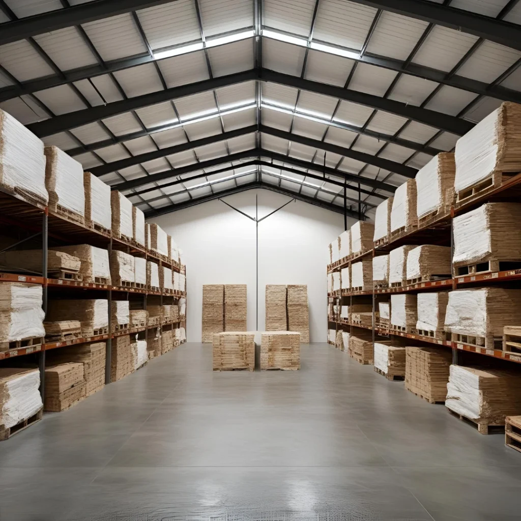 Interior of a large full warehouse design with rows of shelves stacked with large, beige rectangular packages. The floor is smooth and shiny, and the high ceiling is metal with skylights. Two stacks of packages stand in the center aisle.