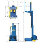 The BOOST™ Lift is a blue and yellow compressed air-powered platform for paint booths and hazardous environments. It stands 137 tall, 38 wide, 24 deep with a 10 platform height, wheels, safety railing, and BOOST/LPI labels.