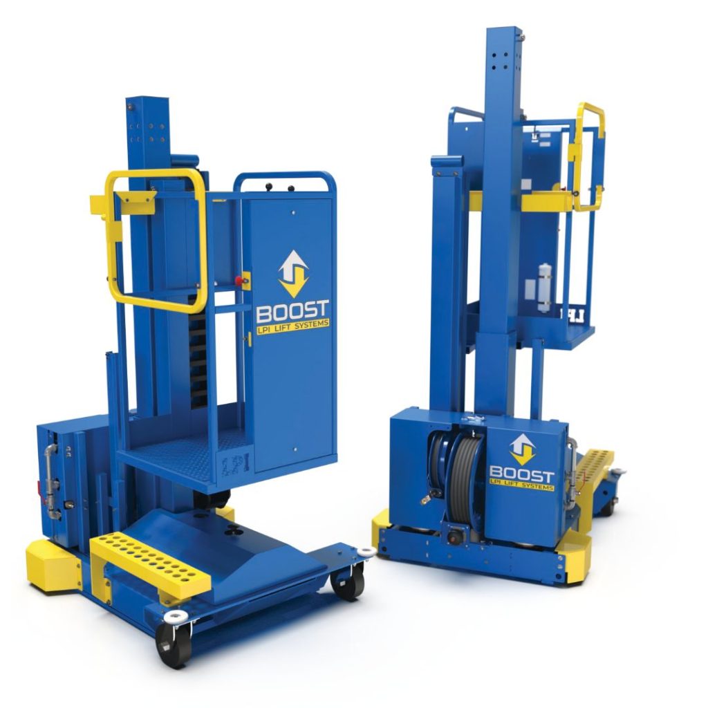 Two BOOST™ Lifts, compressed air-powered platforms designed for paint booths and hazardous environments, are shown from various angles on a white background.
