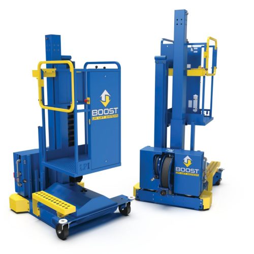 BOOST™ Lift – Compressed Air-Powered Platform for Paint Booths & Hazardous Environments Two BOOST™ Lifts, compressed air-powered platforms designed for paint booths and hazardous environments, are shown from various angles on a white background.