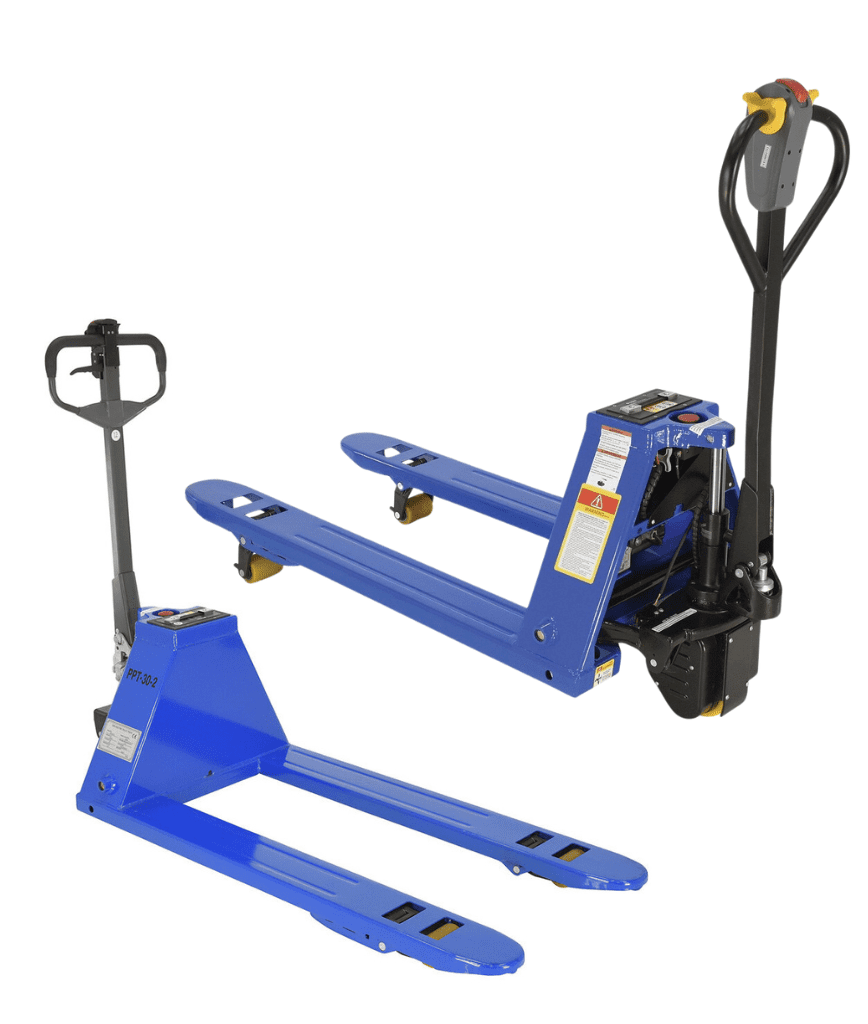 Two blue pallet jacks are shown on a white background. One jack features a built-in scale and control panel near the handle, while the other has a standard design with a simple handle.