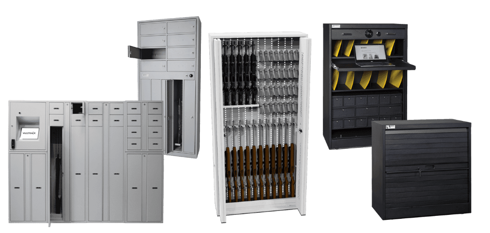 Five different types of secure storage cabinets and lockers, including metal mailboxes, gun racks, document organizers, and a lockable drawer cabinet, all isolated on a white background.