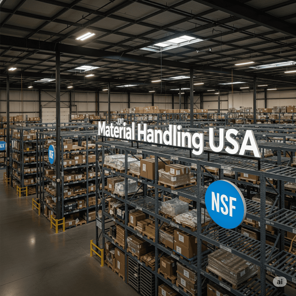 A large warehouse with high racks filled with boxes and packages, labeled “Material Handling USA” and “NSF,” indicating organized storage and distribution. The space is brightly lit and neatly arranged.
