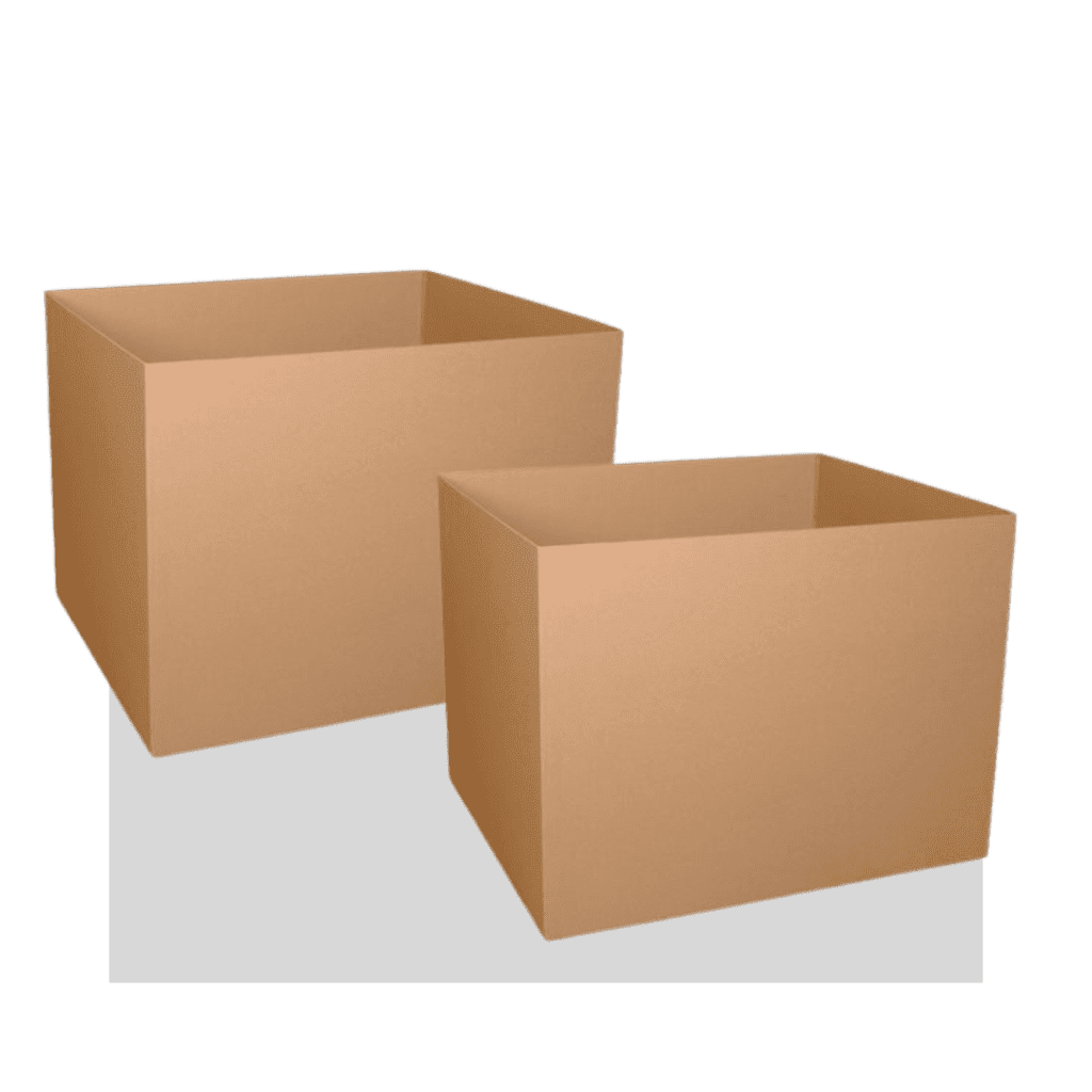 Two empty, open-top cardboard boxes of different sizes, commonly used in Material Handling USA, are placed next to each other on a plain surface with a transparent background.