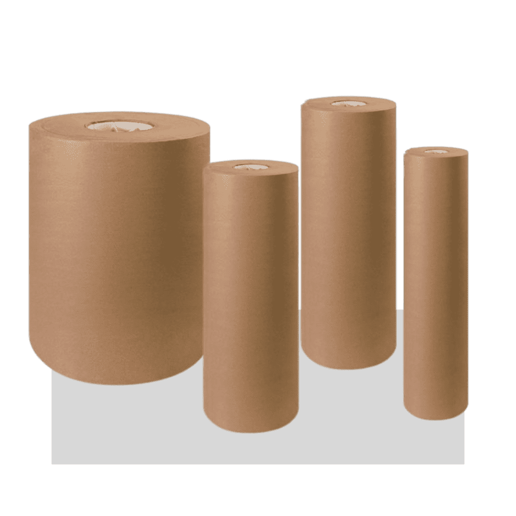 Four brown kraft paper rolls from Material Handling USA, each with varying heights and diameters, stand upright on a plain gray surface—the largest on the left and three progressively smaller rolls to the right.