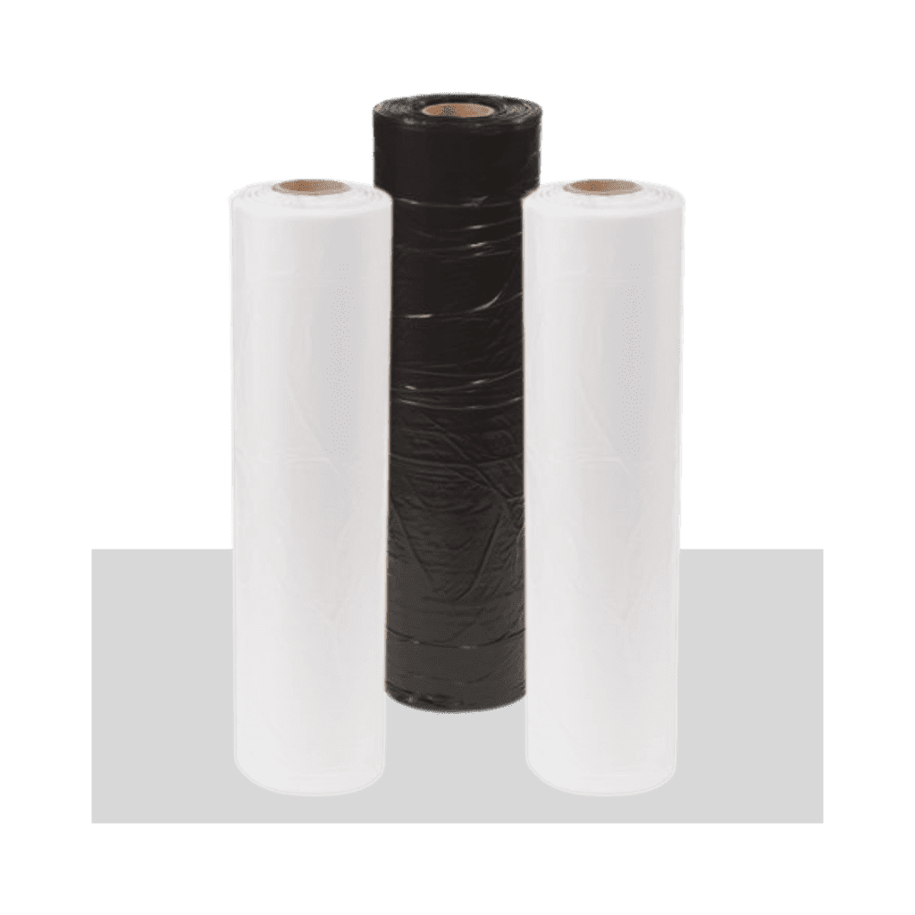 Three large rolls of plastic film, distributed by Material Handling USA, stand vertically on a gray surface—two white rolls flank a black roll in the center.