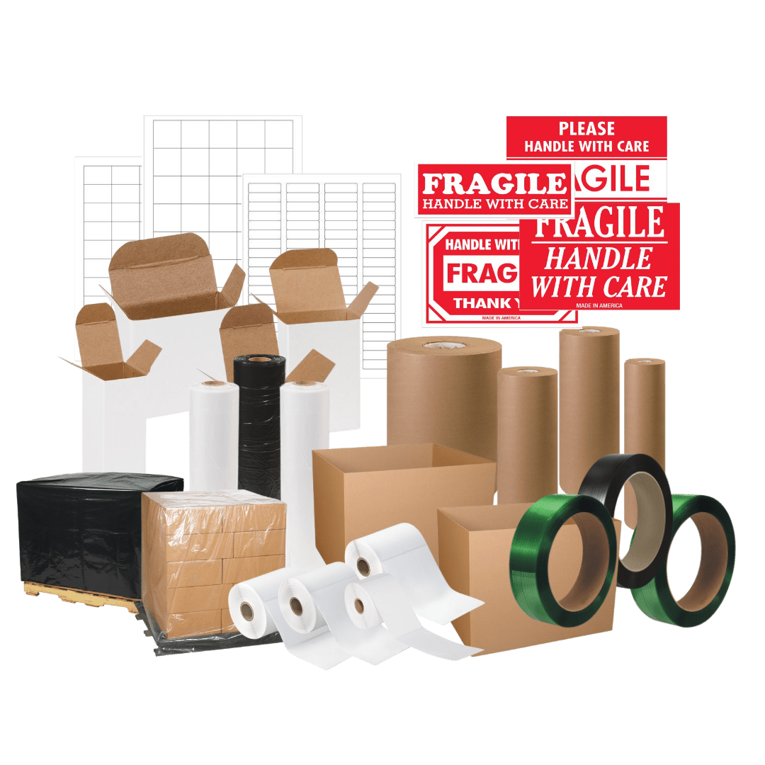 Fragile and handling labels, strapping, tape and protective packaging supplies laid out together