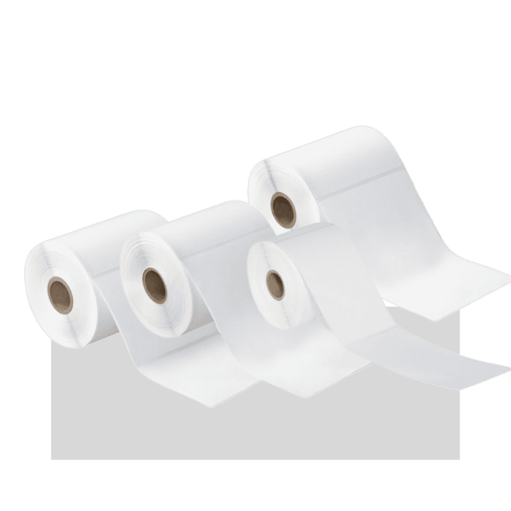 Four white rolls of receipt or thermal paper from Material Handling USA are displayed in a row on a gray surface, each partially unrolled with the paper extending outward.