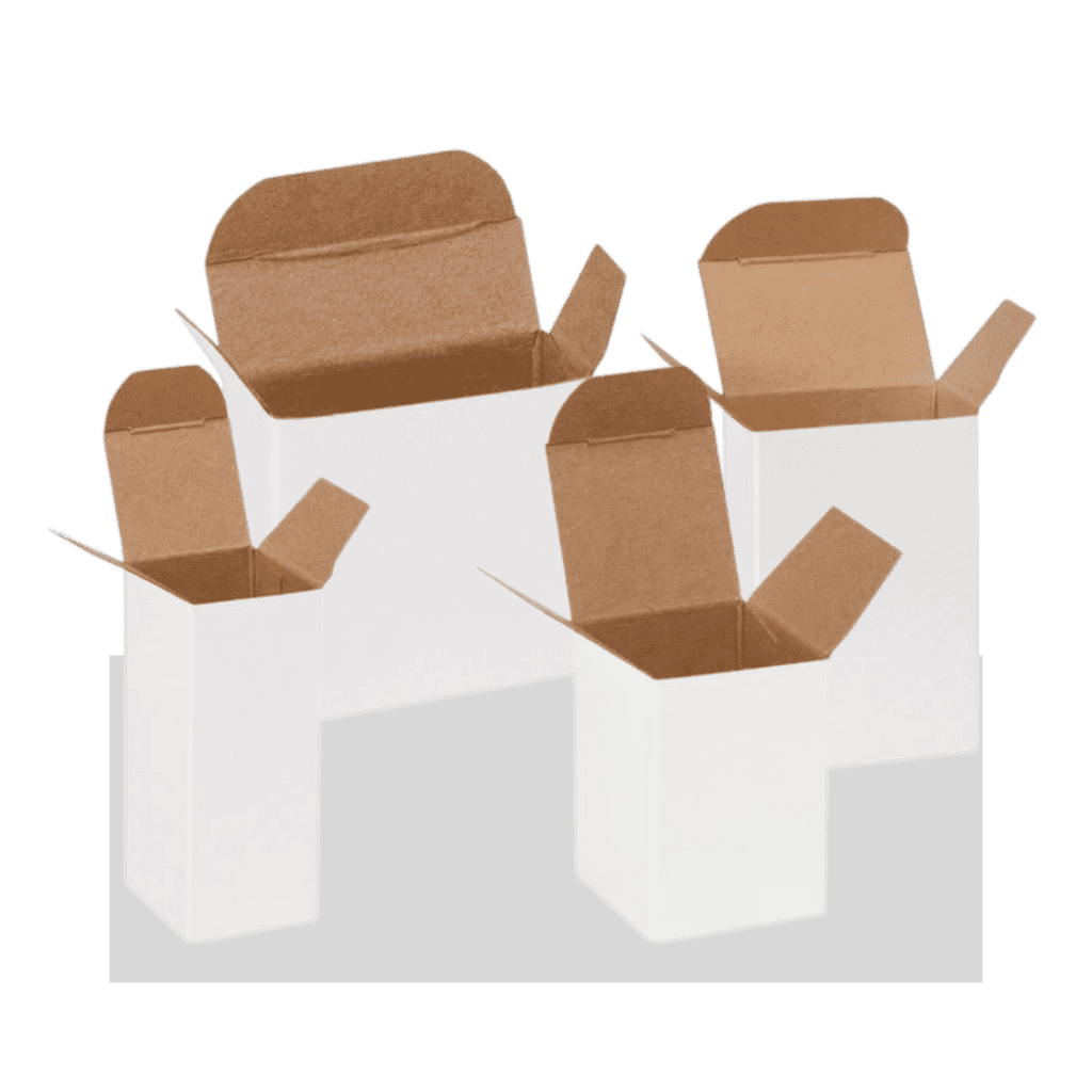Four white cardboard boxes of various sizes with brown interiors, all open with flaps extended outward, are arranged together on a gray surface—ideal for efficient Material Handling USA solutions.