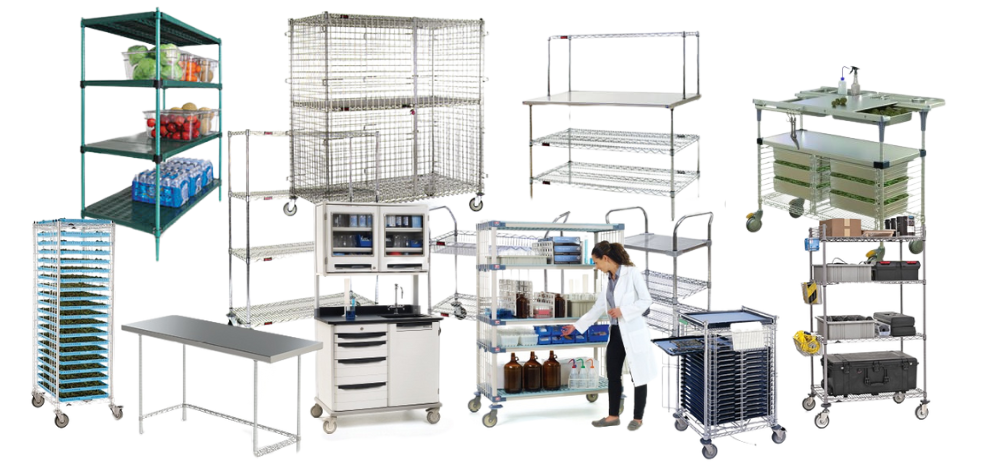 A variety of medical and utility carts, shelving units, and storage racks are displayed together. A person in a lab coat is organizing supplies on one of the carts.