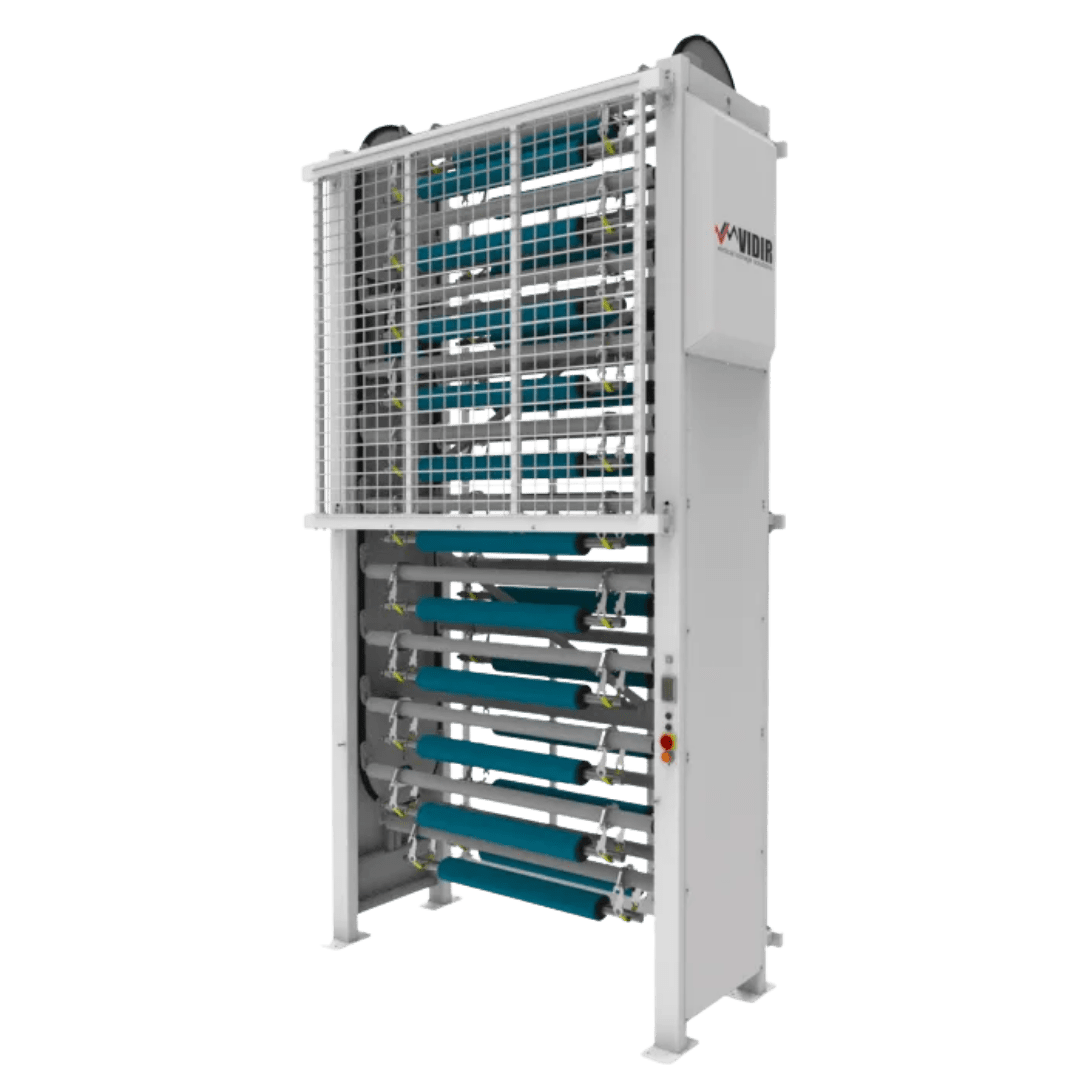 A large industrial machine with multiple blue rollers, a vertical white frame, and a protective metal cage, likely used for material processing or handling in manufacturing with advanced Inventory Management Technology.