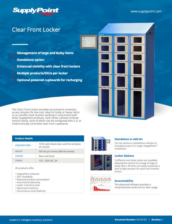 A blue and white clear front locker with multiple compartments is shown. Text highlights its features: standalone option, enhanced visibility, and accountability. A product details table and a smaller locker image are included.