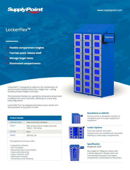 A blue, multi-compartment locker unit with illuminated doors, shown with various compartment configurations. Text highlights flexible heights, quick-release shelves, and customizable options for storage solutions.
