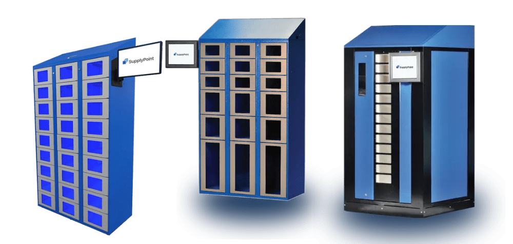 Three blue and black electronic locker units with multiple compartments and small digital screens, used for secure storage and inventory management.