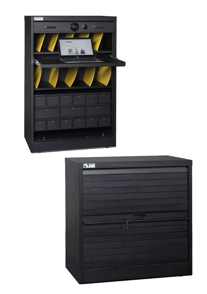 Two black metal storage cabinets: the top one has open slots with yellow dividers, a pull-out shelf holding papers, small drawers below, and the bottom one is a closed cabinet with a lockable roll-up door.