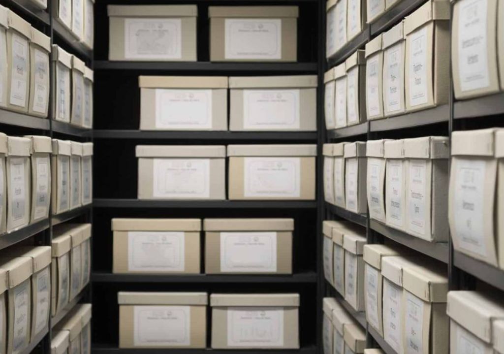 Rows of shelves filled with labeled archival storage boxes, arranged neatly and organized in a storage room or archive facility.