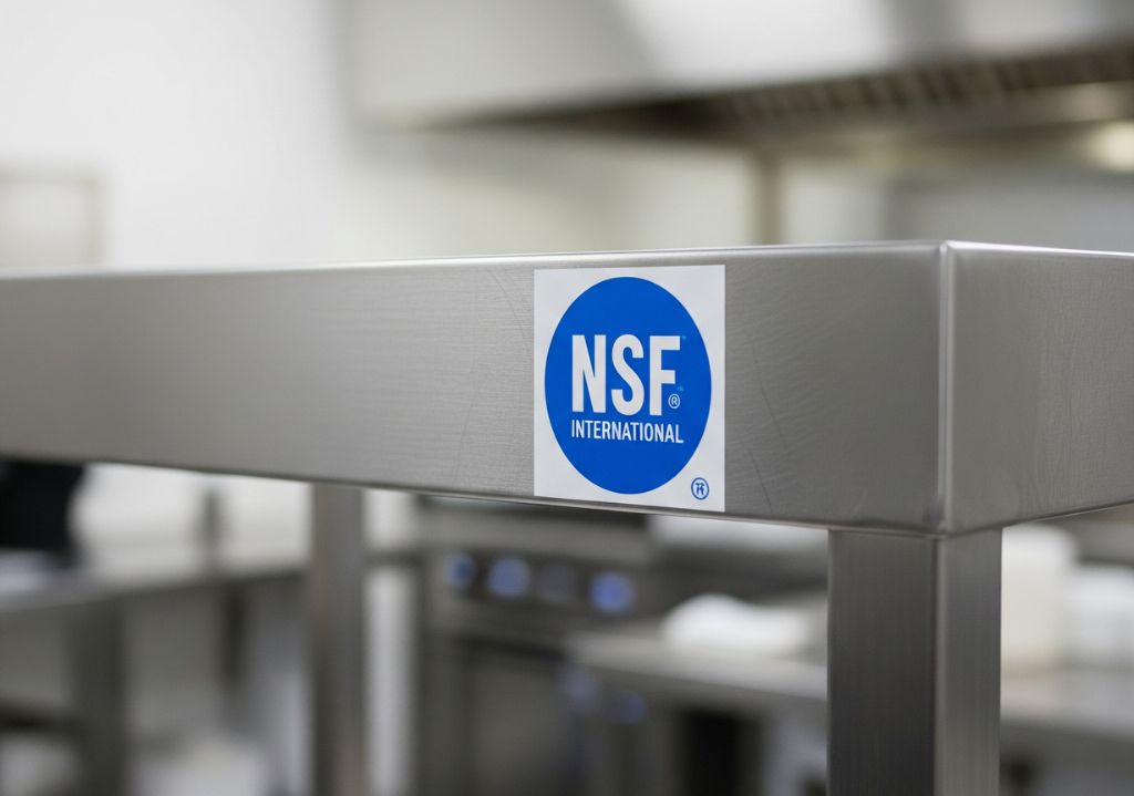 A close-up of a stainless steel table in a commercial kitchen displaying a blue and white NSF International certification sticker. Kitchen equipment is visible blurred in the background.