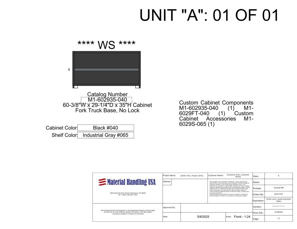Black and gray industrial cabinet diagram with detailed dimensions, catalog numbers, color codes, and accessory listings. Includes the Material Handling USA logo and document information at the bottom.