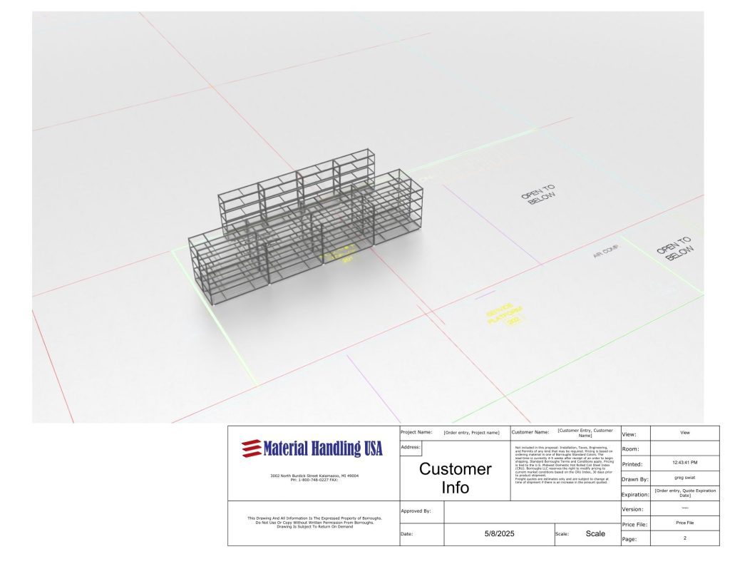 3D model of metal shelving units on a digital floor plan with labeled sections. Document footer displays Material Handling USA logo, customer info, and project details with a date of 5/8/2025.