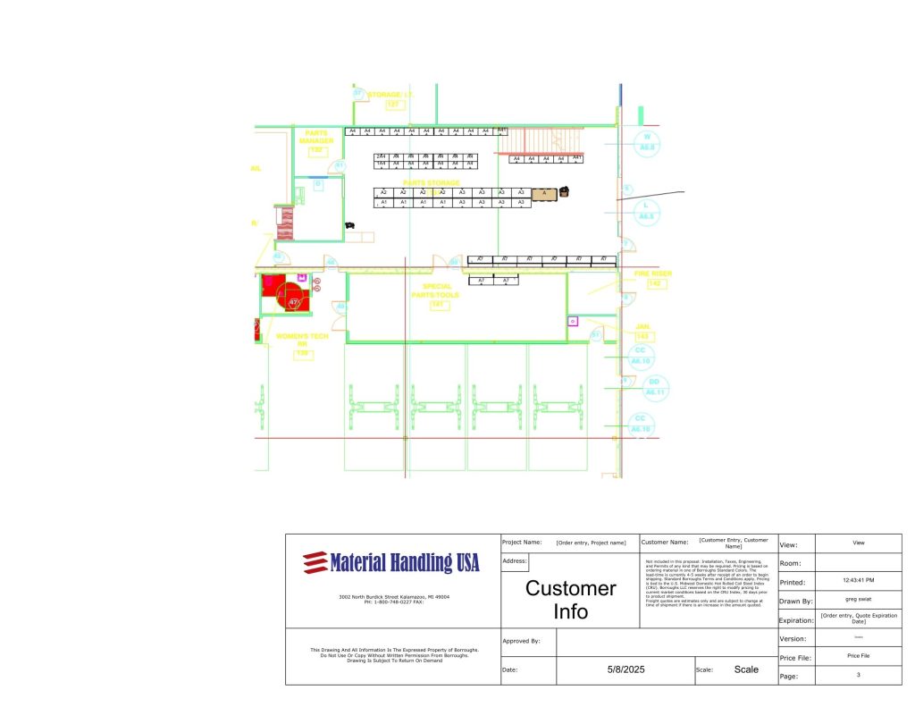 A technical floor plan drawing labeled “Customer Info” by Material Handling USA, showing warehouse layout with equipment, offices, and labels. A title box at the bottom includes project and customer details.