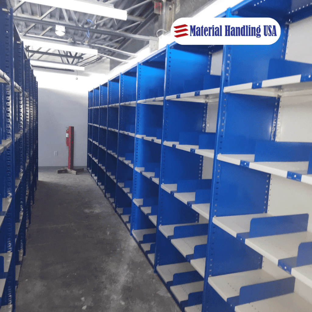 Rows of empty, blue metal shelving units are lined up in a warehouse with a concrete floor and exposed ceiling. The “Material Handling USA” logo is displayed in the top right corner.