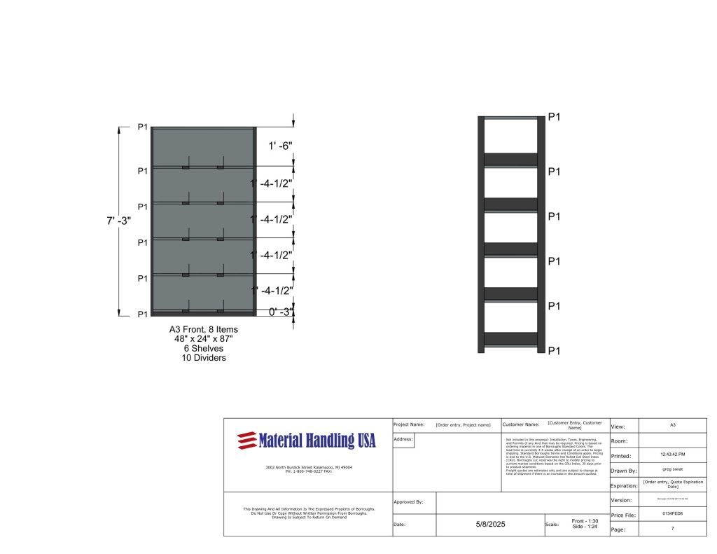 Technical drawing of a shelving unit with six shelves and ten dividers, front and side views shown, dimensions labeled, and a title block labeled Material Handling USA at the bottom.