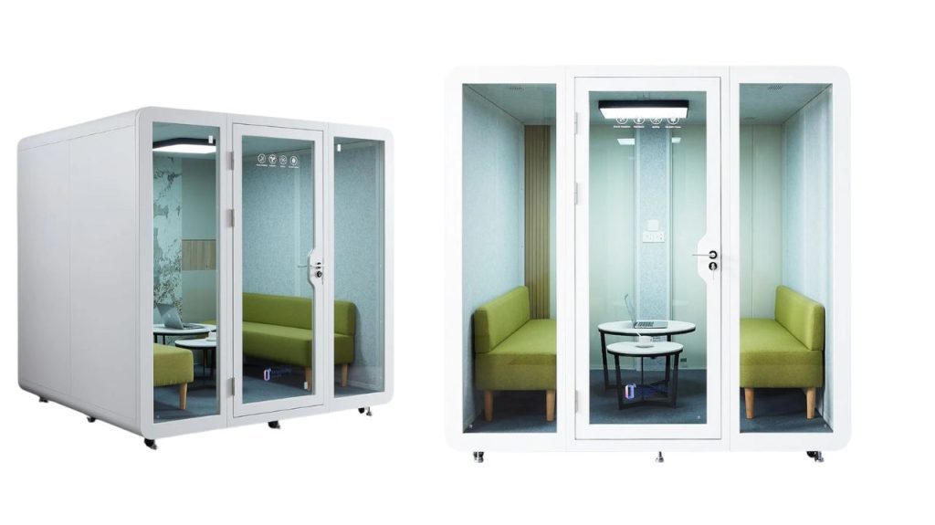 Two views of a modern, glass-walled office pod with a door, containing two green sofas facing each other and a small round table in between, set against a plain white background.