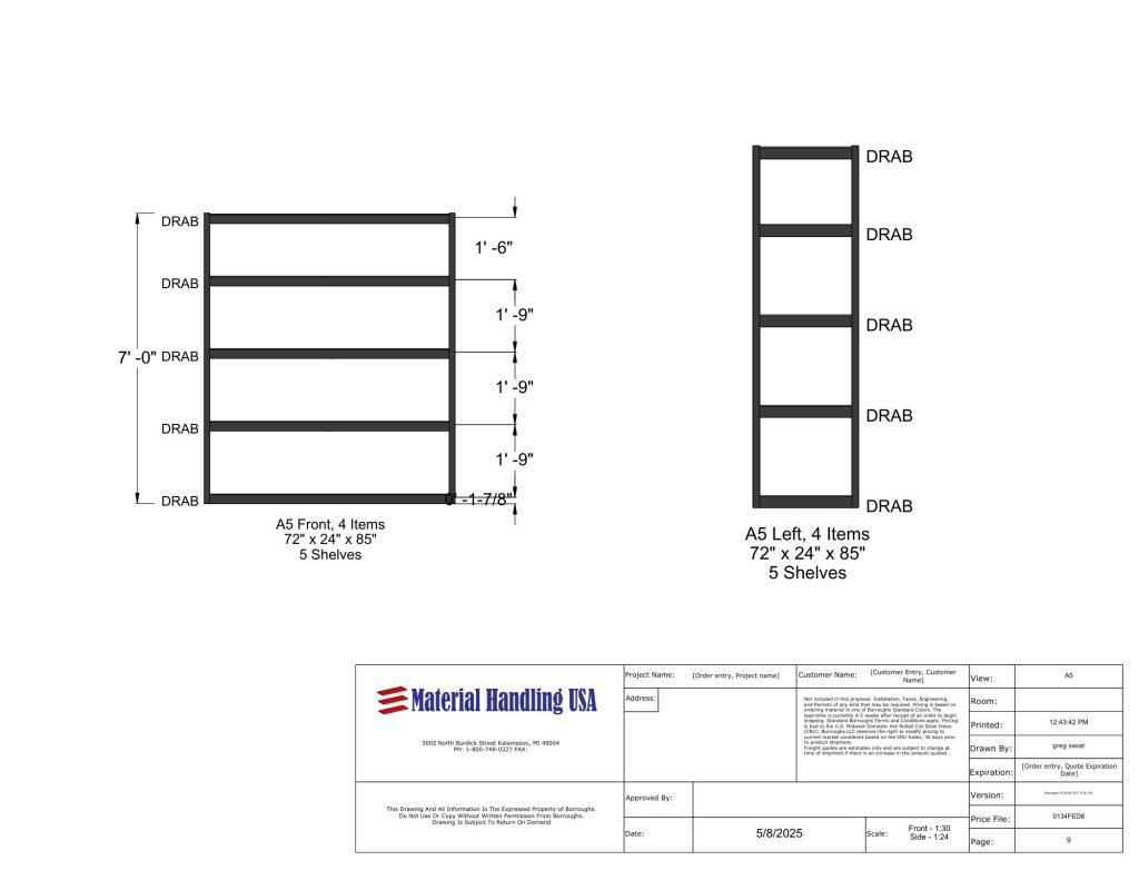 Technical drawing showing front and left views of a shelving unit labeled DRAB with 5 shelves, including measurements. Material Handling USA logo and project details are at the bottom.