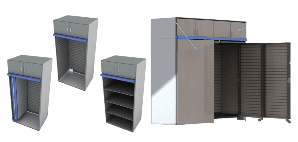 Digital rendering of four types of storage cabinets with blue roller-style doors, including shelves, double doors, and overhead compartments, shown in various open and closed positions on a transparent background.