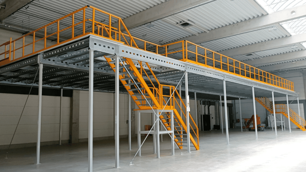 A large industrial mezzanine with orange railings and stairs is installed inside a spacious warehouse with high ceilings and concrete floors.