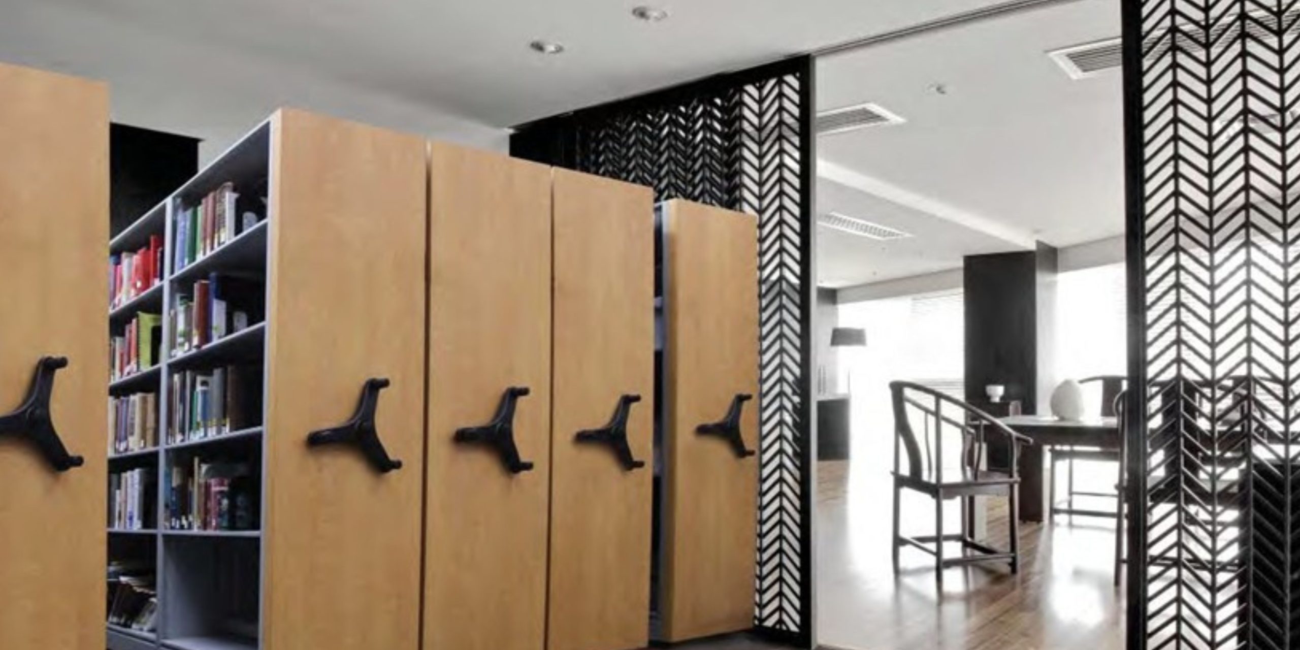 Library interior fitted with GSA Aurora mobile shelving to maximize book storage capacity