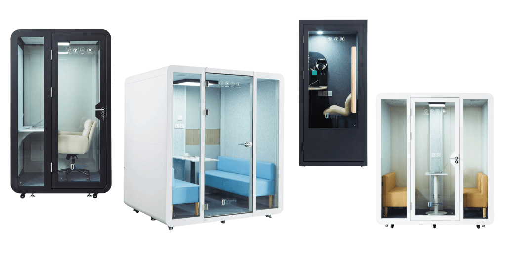 Four types of modern privacy pods are shown: a single-person black booth with a chair, a white two-person booth with blue seating, a slim black phone booth, and a small white booth with tan seating.