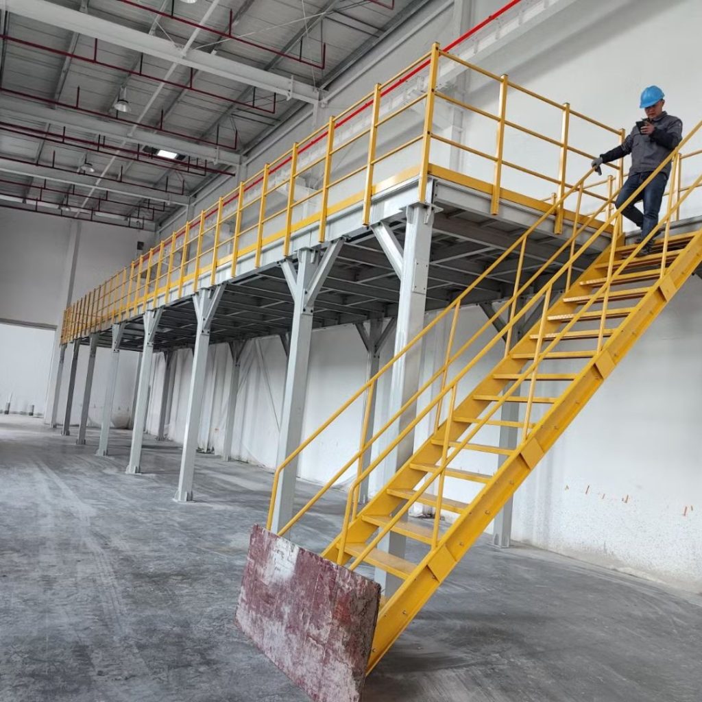 A person wearing a blue helmet and safety gear stands at the top of a yellow metal staircase leading to an elevated platform with railings inside a large, empty industrial warehouse.