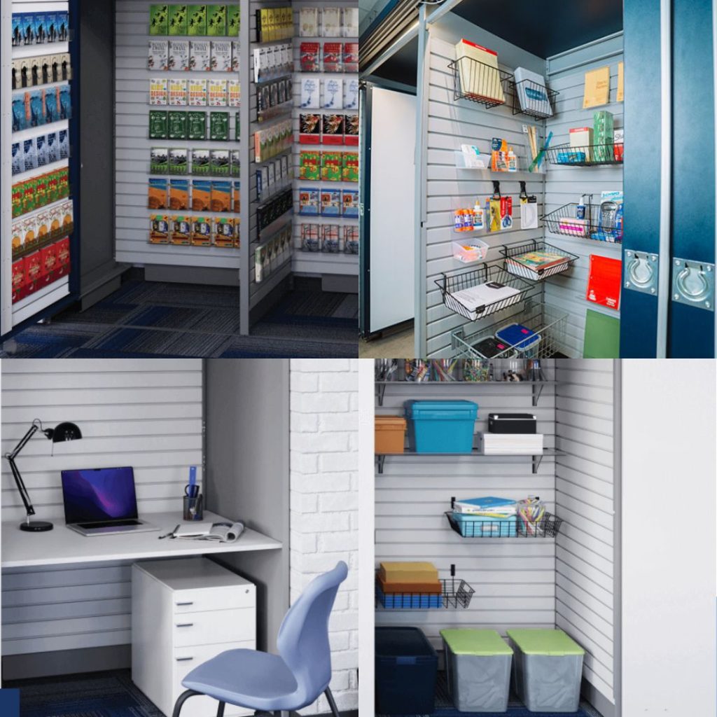 Collage of four images showing organized office or supply storage spaces with shelves holding items like office supplies, stationery, paper, bins, and a workspace with a desk, chair, laptop, and storage drawers.