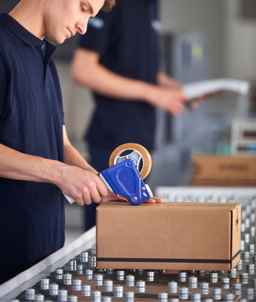 A person in a navy polo shirt uses a tape dispenser—one of the frequently purchased shipping & packing supplies—to seal a cardboard box on a conveyor belt, while another person in the background holds a document.