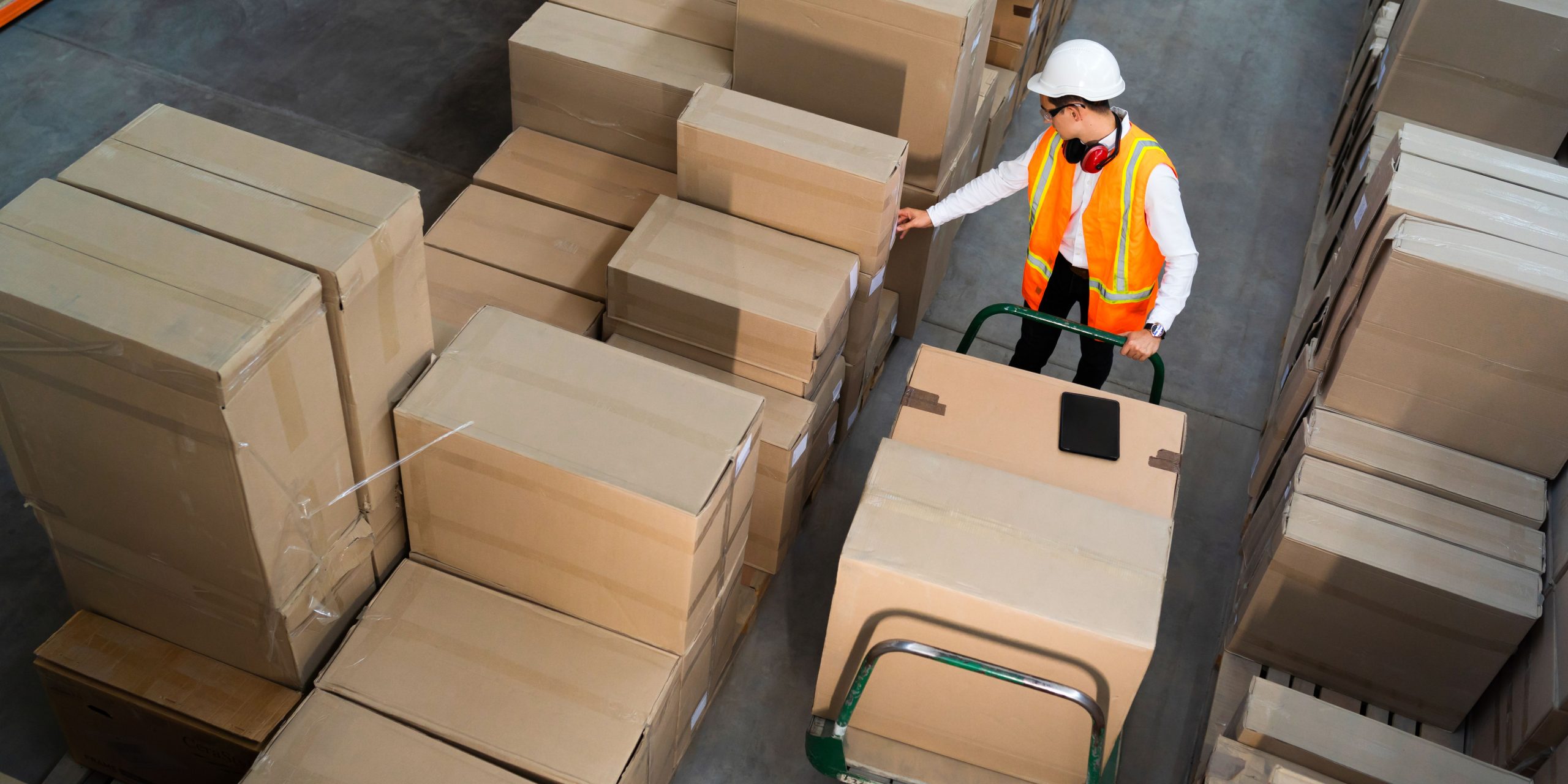 Warehouse worker in a hard hat and safety vest beside packed shipping cartons