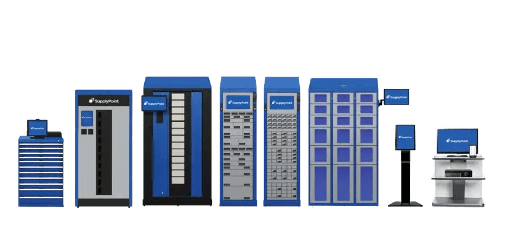 A row of various blue and gray industrial vending machines and automated storage systems, all branded with the SupplyPoint logo, displayed against a transparent background.