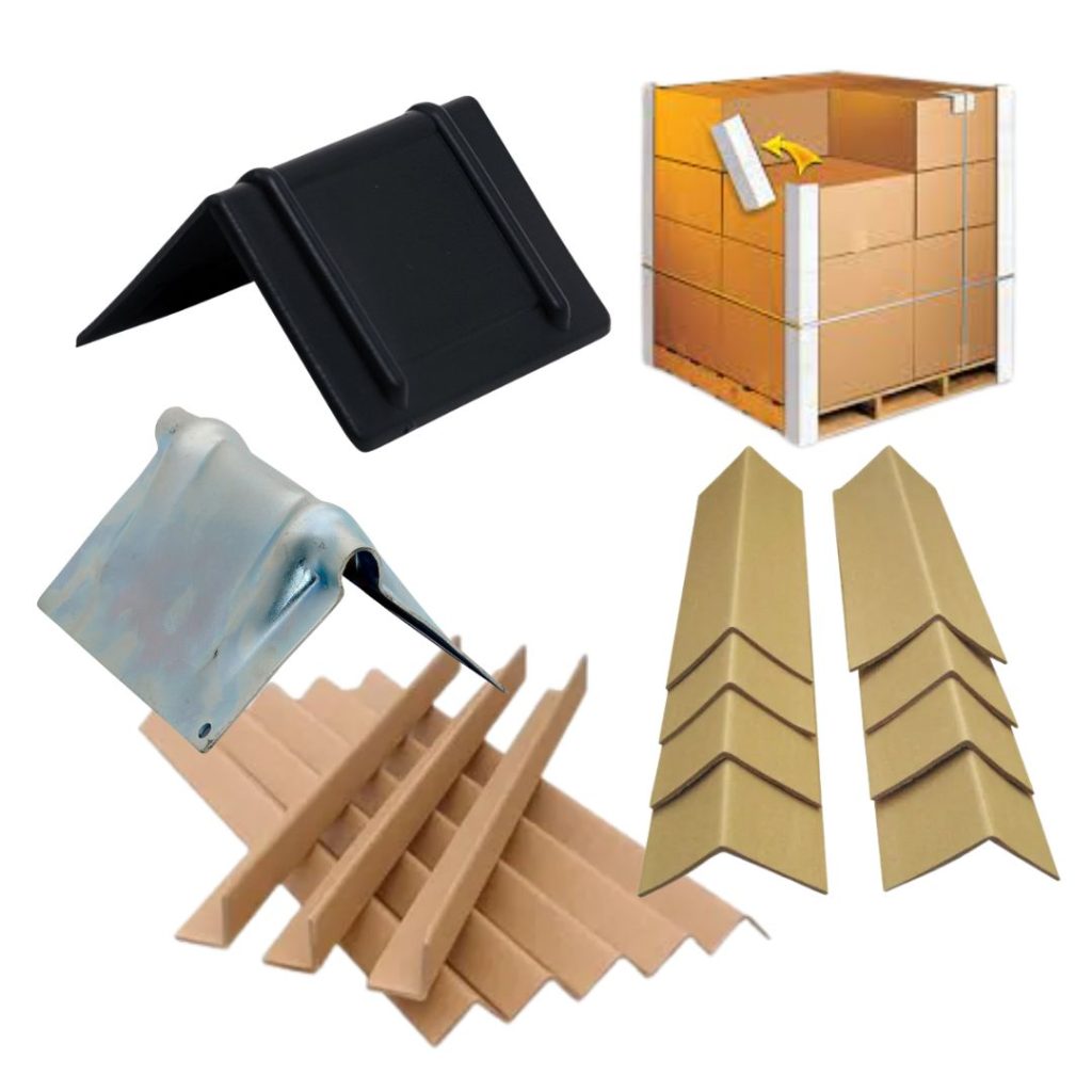 A collage showing various types of edge protectors: a black plastic cover, a metal corner guard, stacked brown cardboard protectors, angled cardboard strips, and a pallet box with cardboard corner protection.