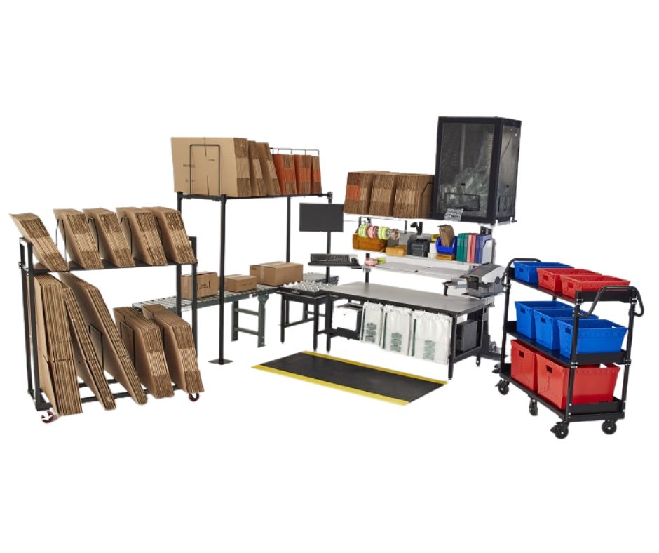 A packing station setup designed for high-velocity fulfillment, featuring shelves with various cardboard boxes, packaging materials, a computer monitor, a mat, and carts with red and blue plastic bins.
