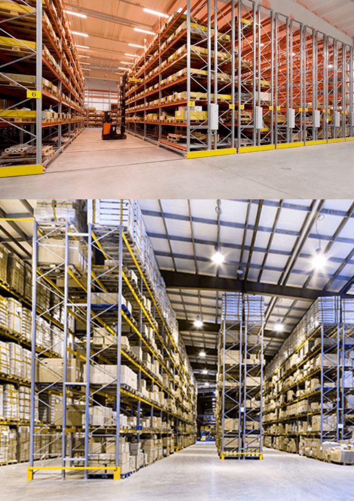 Two warehouse interiors: the top image highlights flexible warehouse design with metal shelving, orange lighting, and a pallet jack; the bottom showcases scalable logistics infrastructure with tall racks of stacked boxes in bright white lighting.