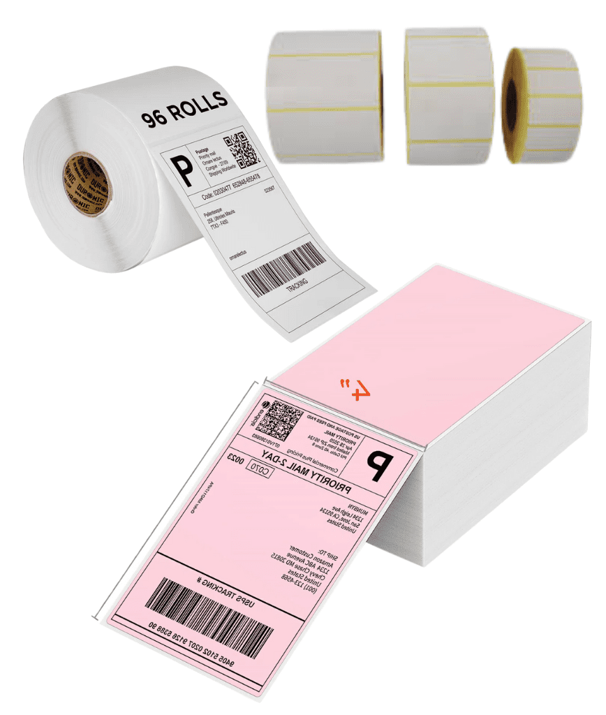 Rolls of blank shipping labels and a stack of pink labels, with an example shipping label printed and displayed from each type.