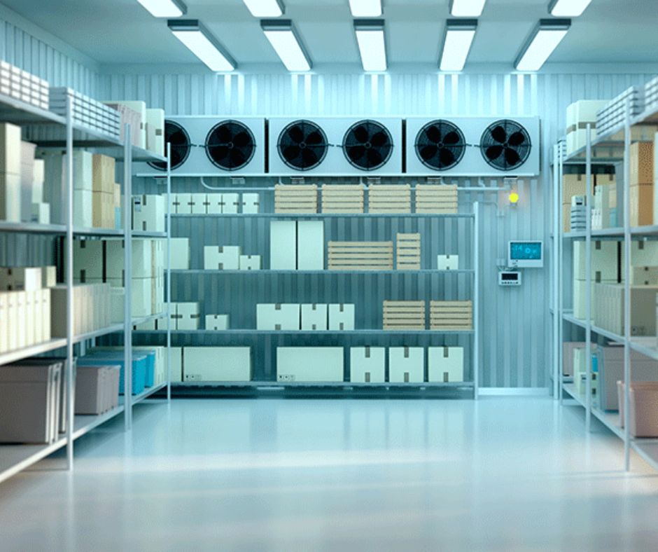 A well-lit cold storage room with metal shelves holding various boxes and containers, industrial fans on the back wall, and a digital control panel to the right, featuring an FDA compliant warehouse layout.