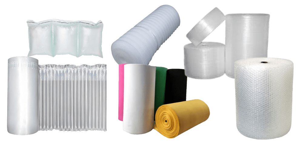 Various types of packing materials, including air pillows, bubble wrap, foam rolls, and colorful foam sheets arranged side by side on a white background.