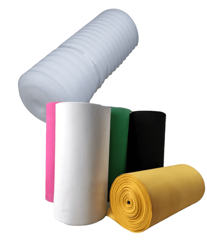 Six large rolls of foam or fabric in white, pink, green, black, and yellow, with another white roll positioned above them, all on a plain white background.