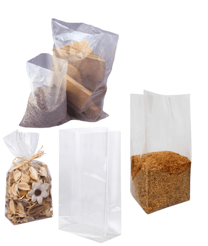 Four clear, rectangular plastic bags filled with various items: grains, what appears to be dried leaves with a decorative flower, and blocks; one empty bag is also shown. The bags are displayed against a white background.