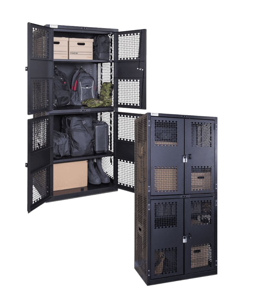 Two black metal storage lockers are shown: one open, revealing shelves with bags, boxes, and gear; the other closed, displaying perforated doors for ventilation and security.