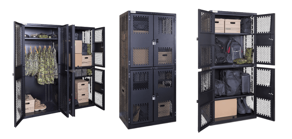 Three black metal storage lockers, some with mesh doors, containing camouflage uniforms, helmets, backpacks, and cardboard boxes. The lockers are open, displaying organized military or tactical gear.