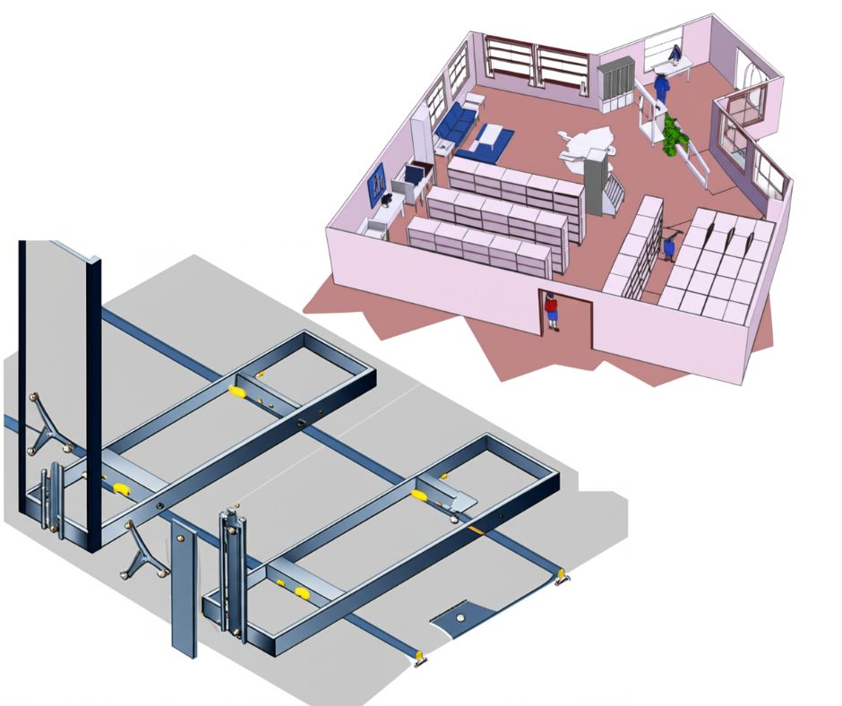 A 3D diagram shows a room with desks, chairs, computers, and people, next to a mechanical structure with platforms and metal beams, possibly illustrating high-density storage solutions or efficient warehouse cube utilization.