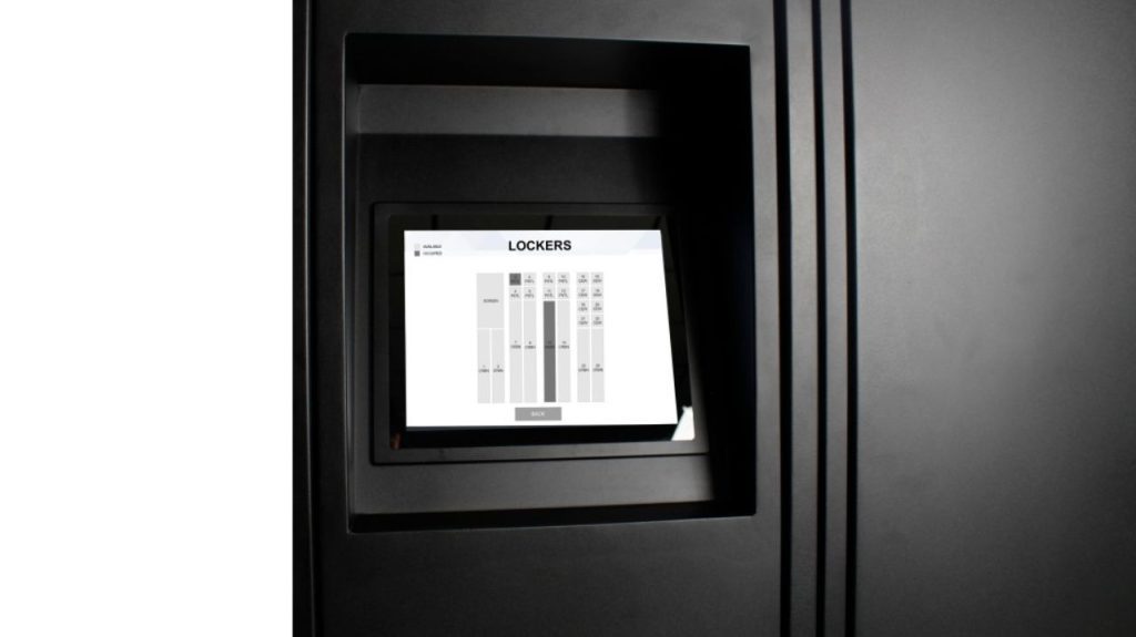 A touchscreen display embedded in a black Electronic Weapon Locker shows a digital LOCKERS interface with a diagram of available and occupied slots, ideal for Law Enforcement Weapon Storage.